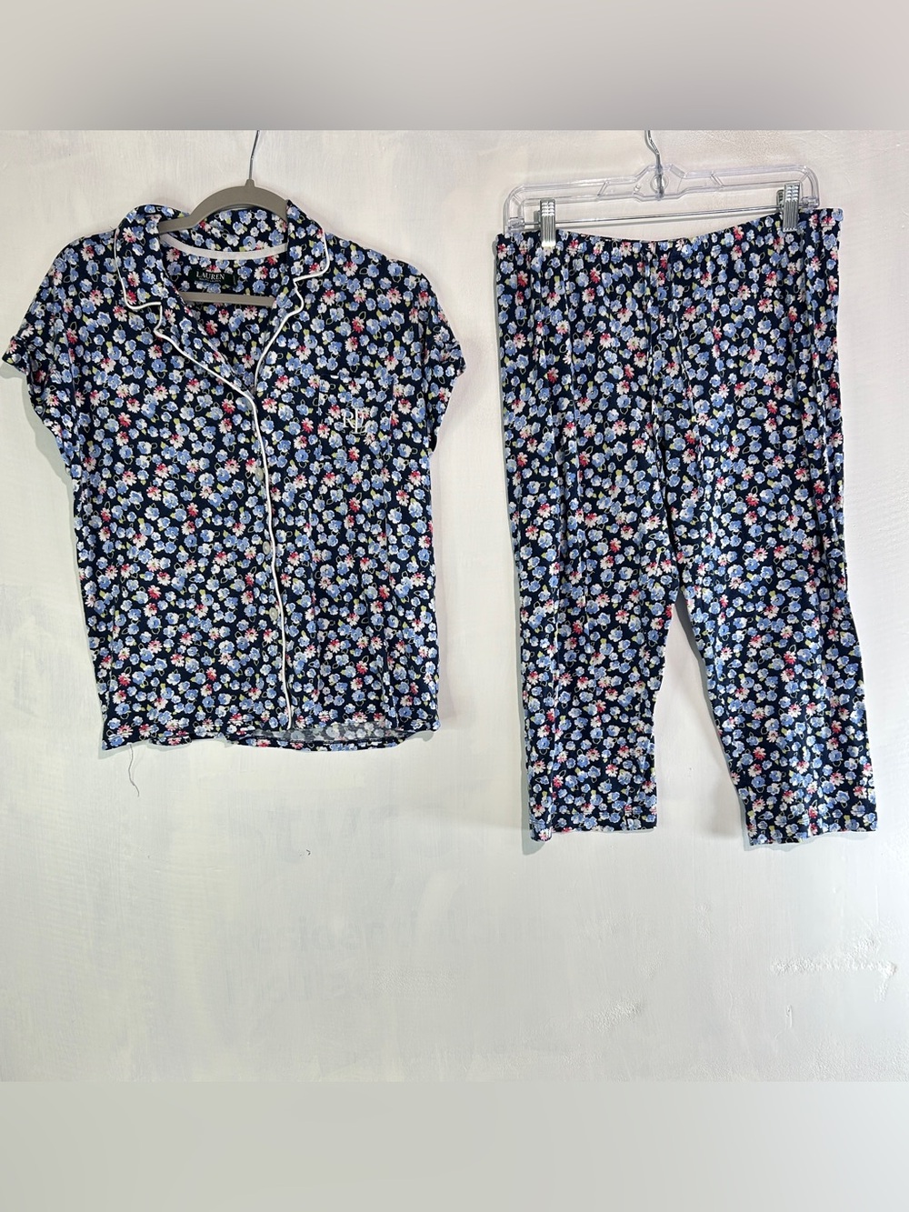 Lauren Ralph Lauren Floral Pajama Set Medium Navy Cottagecore Sleepwear Coquette